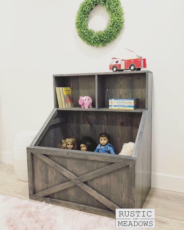 bookshelf with toy bin