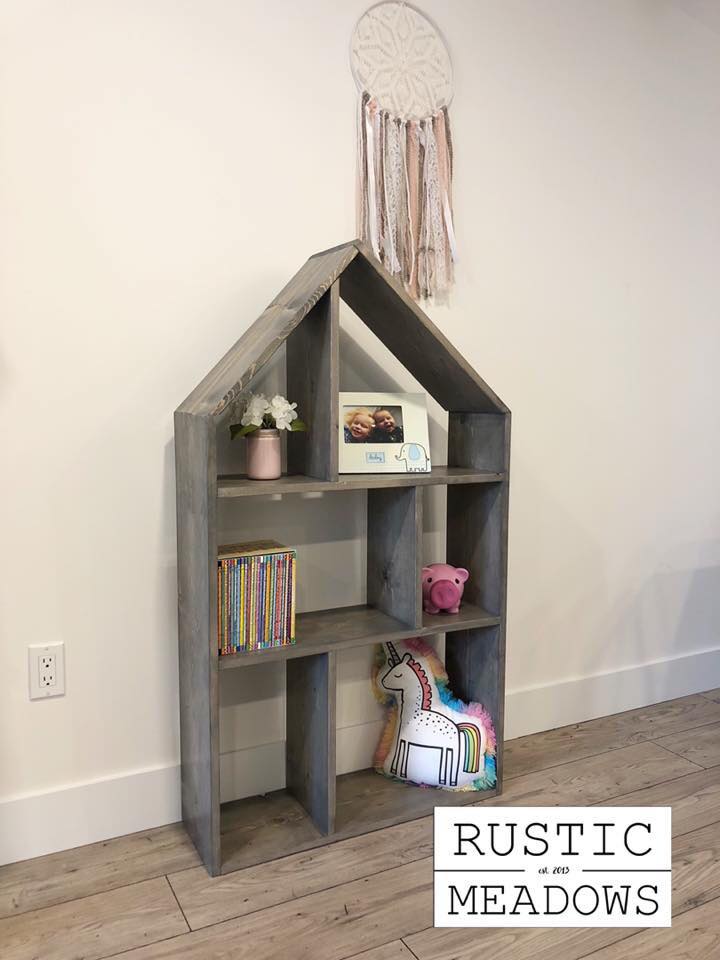 Exclusive project plans for a rustic Dollhouse Bookshelf by Rustic Meadows